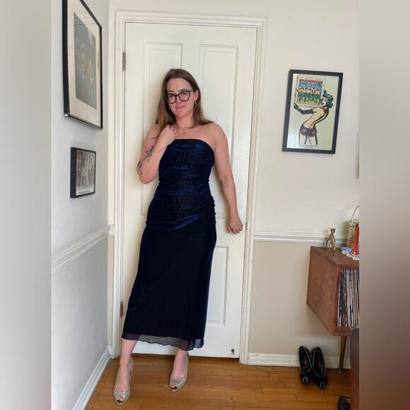 Vintage Dresses & Skirts - Late 90s Early Y2K Blue Metallic Tube Top Prom Dress